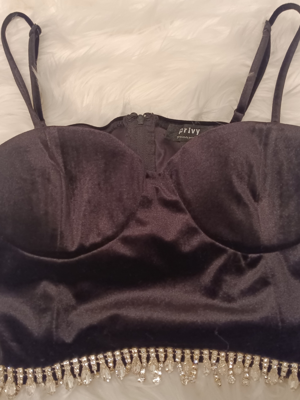 Privy Black Velvet Bustier with Crystal Fringe